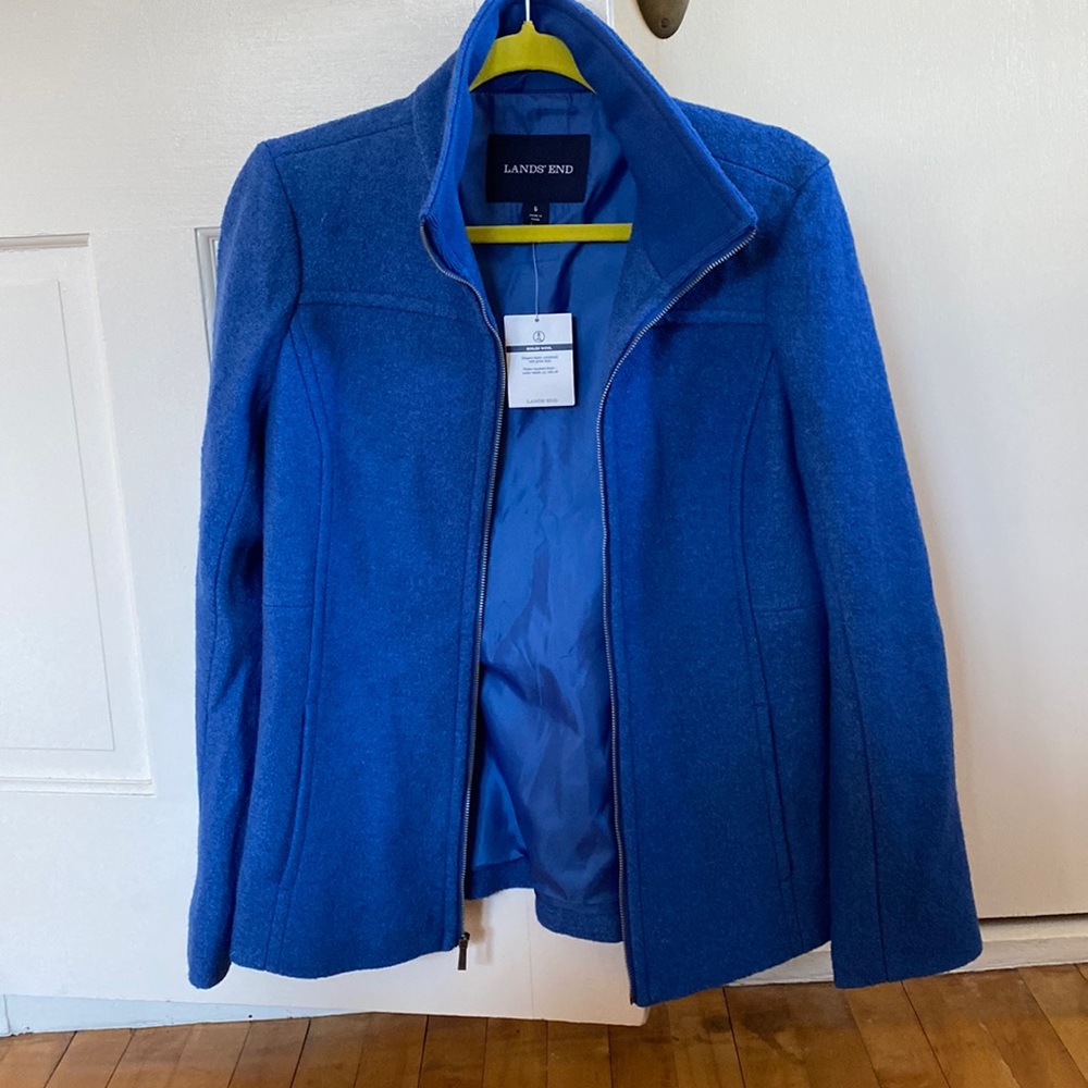 Lands’ End boiled wool cobalt blue zip up jacket.